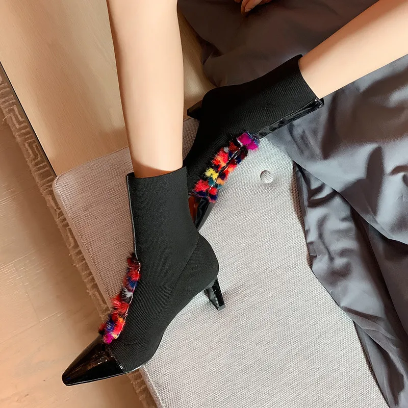 Женские ботильоны эластичная ткань ботинки для носки черный мех шнуровка