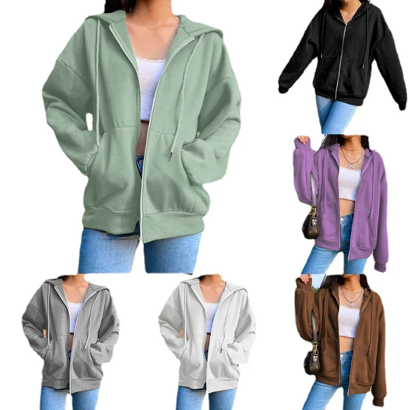 Autumn Fleece Hoodie Solid Color Hooded Korean Fashion Sweatshirts Long Sleeve Top Drawstring Pockets Loose Zipper Black Hoodies | Женская
