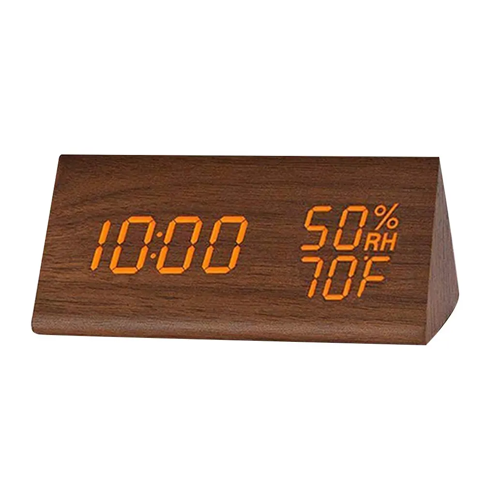 

Humidity and Temperature Alarm Clock Triangle Digital Baby Room Wood Clock Mute Luminous LED Electronic Gift