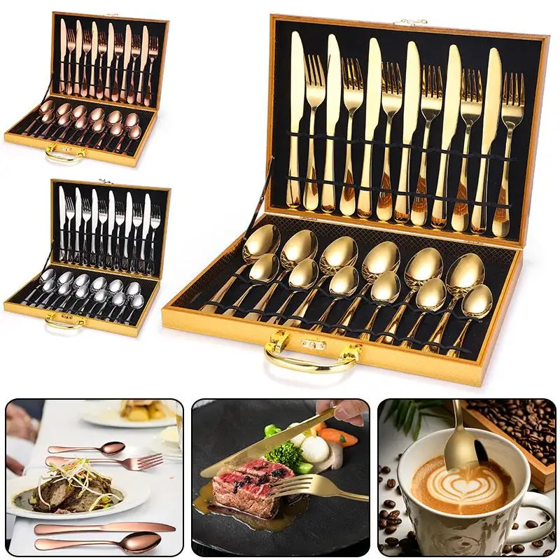 

Stainless Steel Golden Cutlery Set Steak Knife Fork Coffee Spoon Teaspoon Dinner Knife Dinnerware Tableware Dinner Set Service