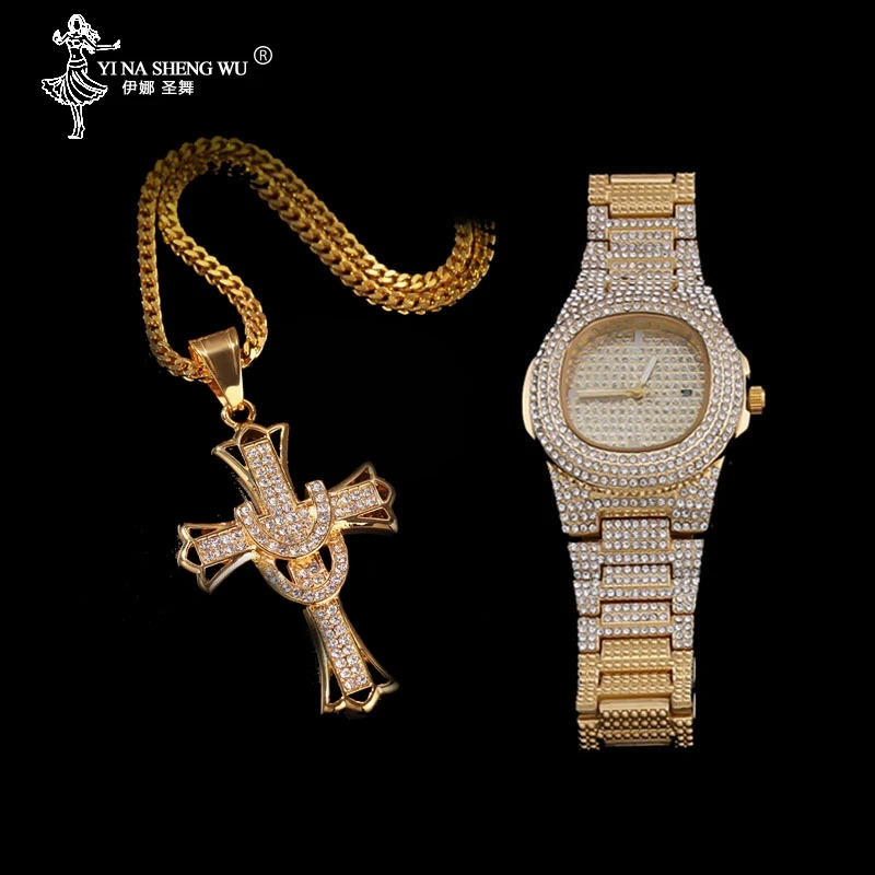 Роскошные мужские часы золотого и серебряного цвета в стиле хип хоп ожерелье