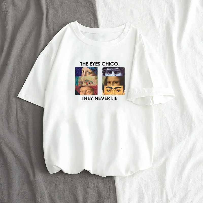 white Van Gogh Summer new female short sleeve cartoon letters spoof ins tops funny art print tees Harajuku Ulzzang loose T-shirt - Цвет: white