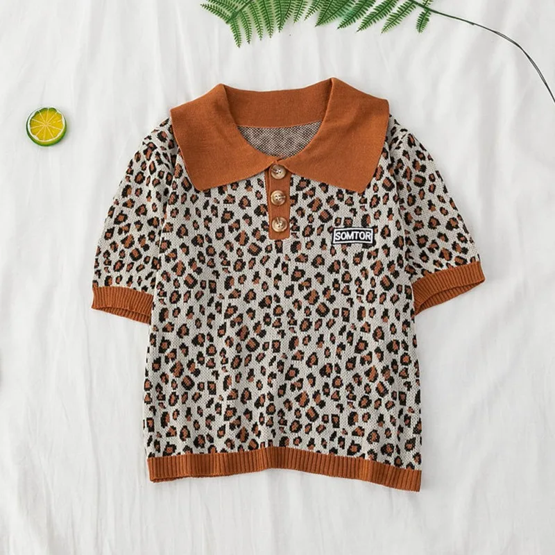 

Women's Slim Short Shirt Tops Casual Women Blouse Turn-down Collar Leopard Knit Blouse