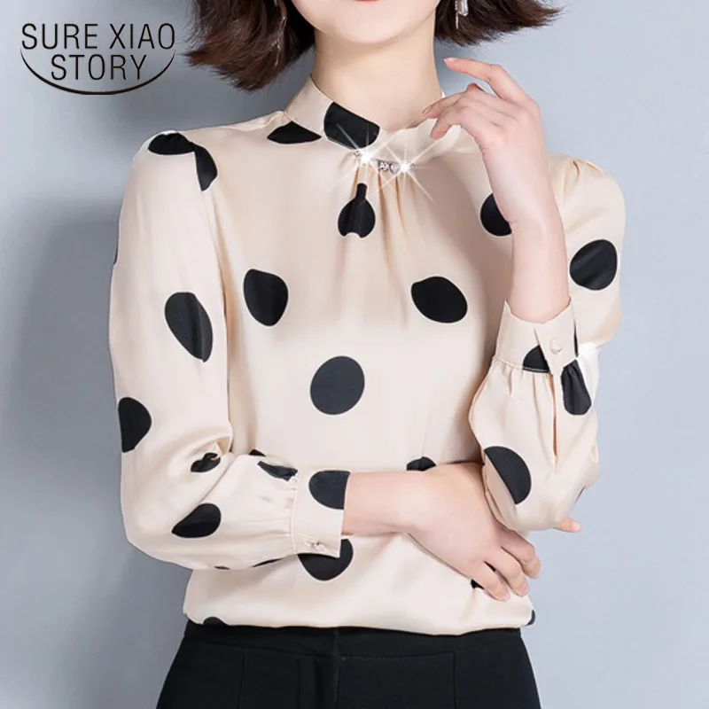 

Новинка весны 2020, шифоновая блузка в горошек с длинным рукавом и воротником-стойкой, женская элегантная приталенная блузка в Корейском стил...