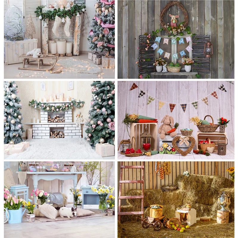 

Spring Easter Photography Backdrop Rabbit Flowers Eggs Wood Board Photo Background Studio Props 2021318FH-56