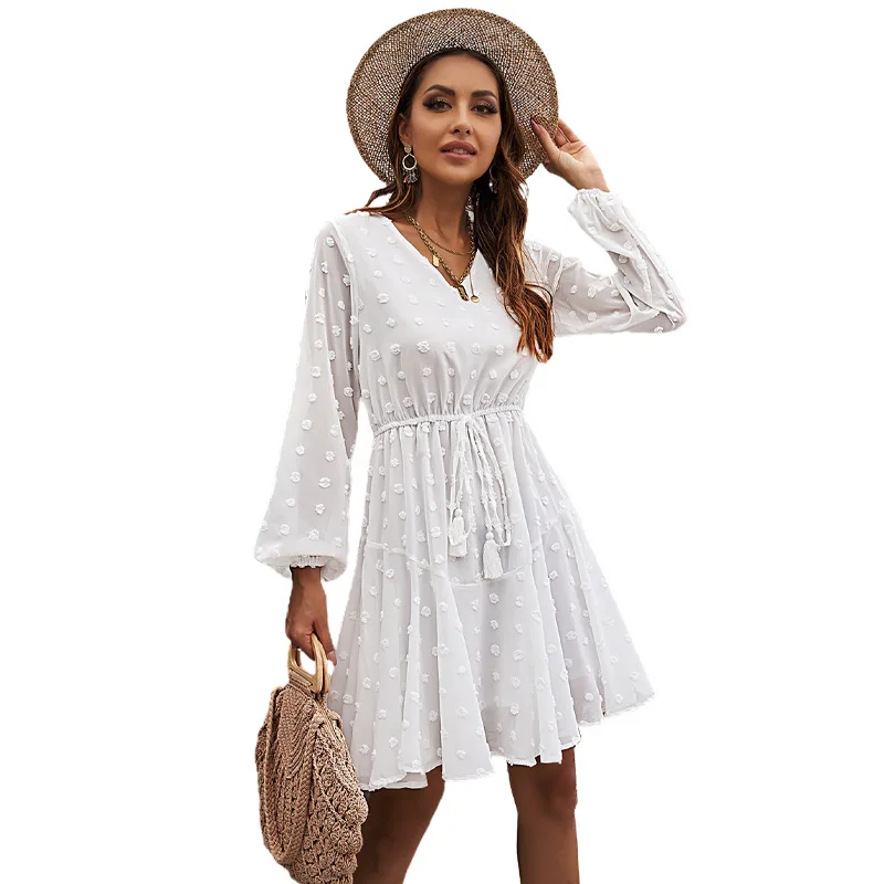 

Dress 2021 Autumn New Jacquard Solid Color V-neck Tie Waist Short Skirt