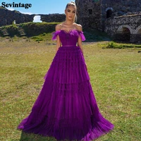 sevintage purple tiered skirt long prom dresses beaded soft tulle formal evening dress off the shoulder long women prom gowns
