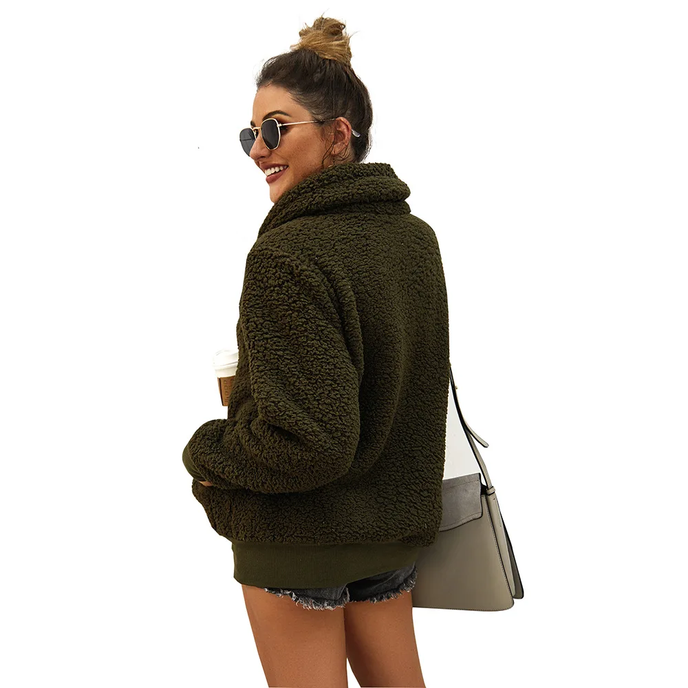 

2021 Autumn And Winter High-Neck Solid Color Thickened Top Fleece Bat Sleeve Shirt Casual Cotton And Linen Top Oversized Sweater