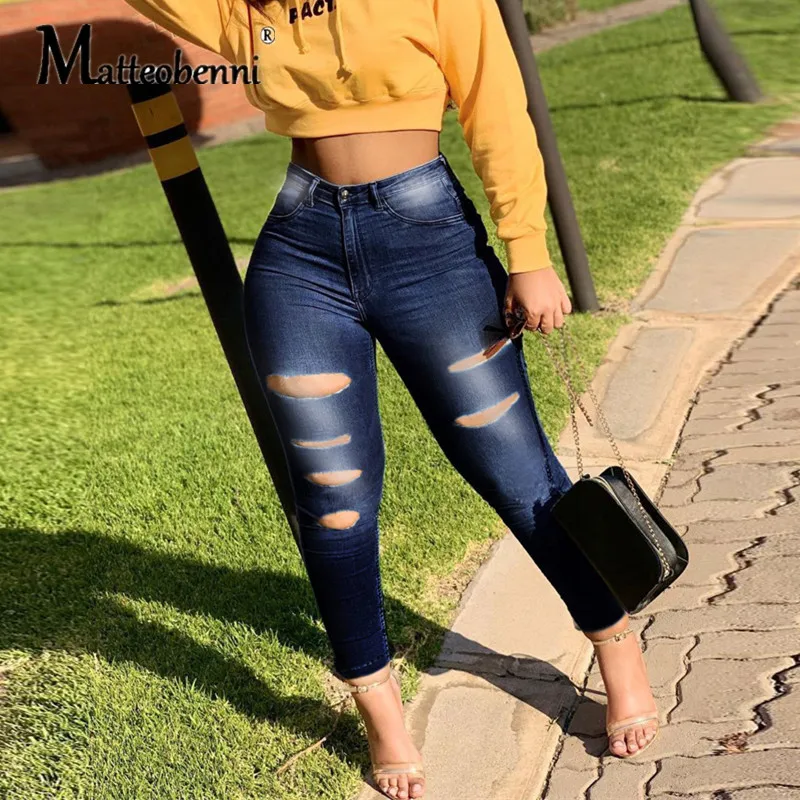 

New 2021 Summer Fashion High Waist Mom Jeans Female Ripped Jeans For Women Blue Denim Skinny Jeans Woman Plus Size Pencil Pants