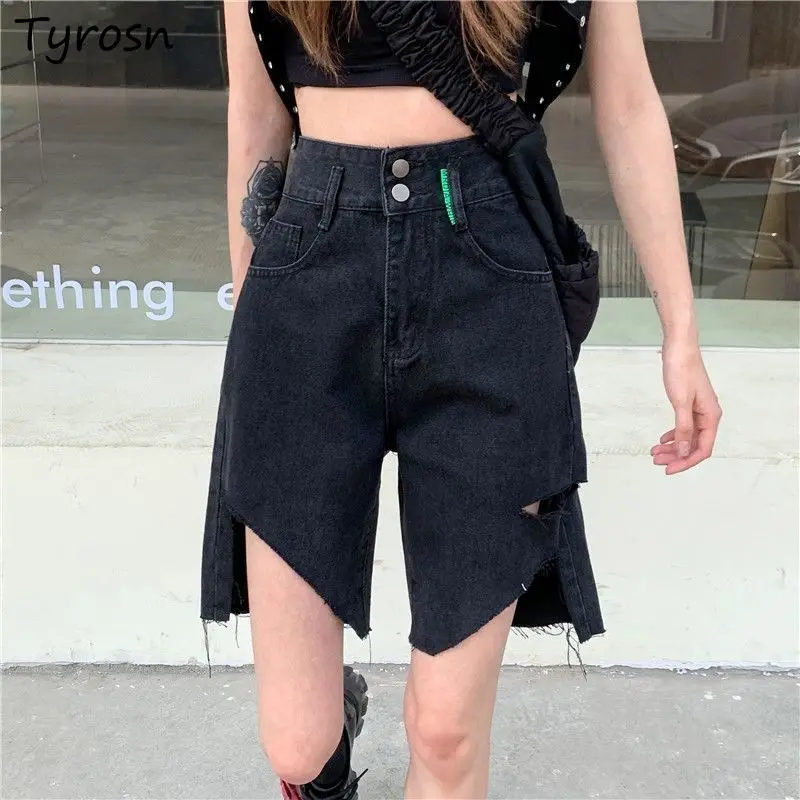 

Women Denim Shorts Fashion Knee Length Irregular Fur Line Black Summer High Waist Korean Style Straight Vintage Holes Streetwear