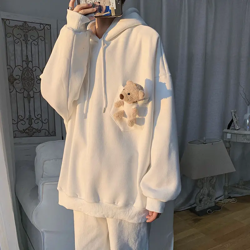 

2020 Men's Street Casual Pullover Cotton Hooded Hoodies Pocket Decoration Bear Trend Sweatshirts Loose Clothes Coats Size M-2XL