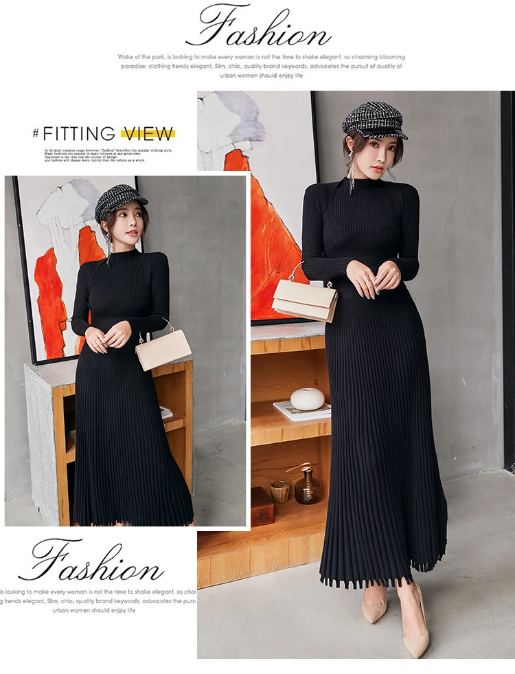 Women Slim Long Maxi Knitting Sweater Dress Autumn Winter Full Sleeve Pleated A-line Dress Big Swing Ladies Pullover Dresses