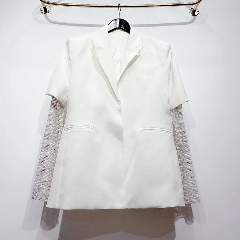 

CHICEVER Patchwork Diamonds Hollow Out Women's Blazer Notched Long Sleeve Tunic Hit Color Suit Female Vintage Fashion Clothes