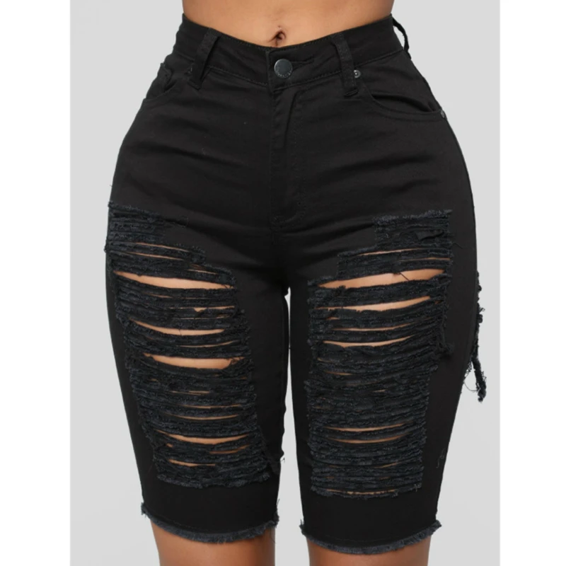 

Summer Women Hole Destroyed Draped Shorts Stretch Jeans Party Casual Clothes High Waist Solid Denim Slim Shorts Jeans Female New