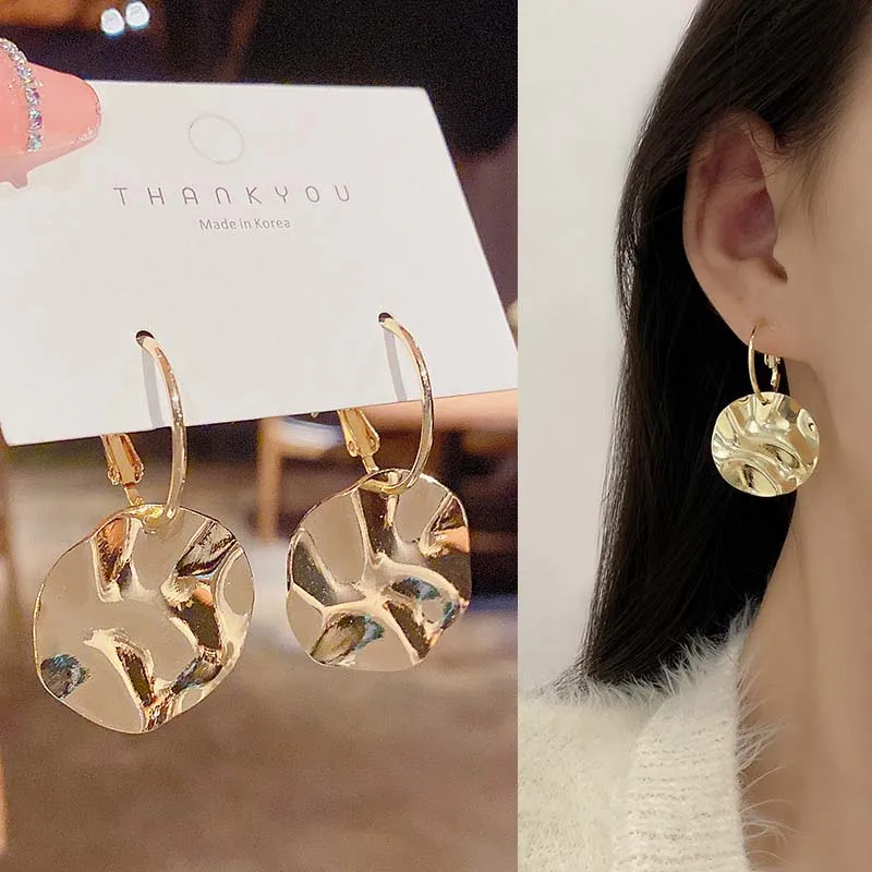 

2021 New Trendy Round Hoop Drop Earrings For Women Fashion Gold Color Pendant Geometric Stud Earring Girls Wedding Jewelry Gift