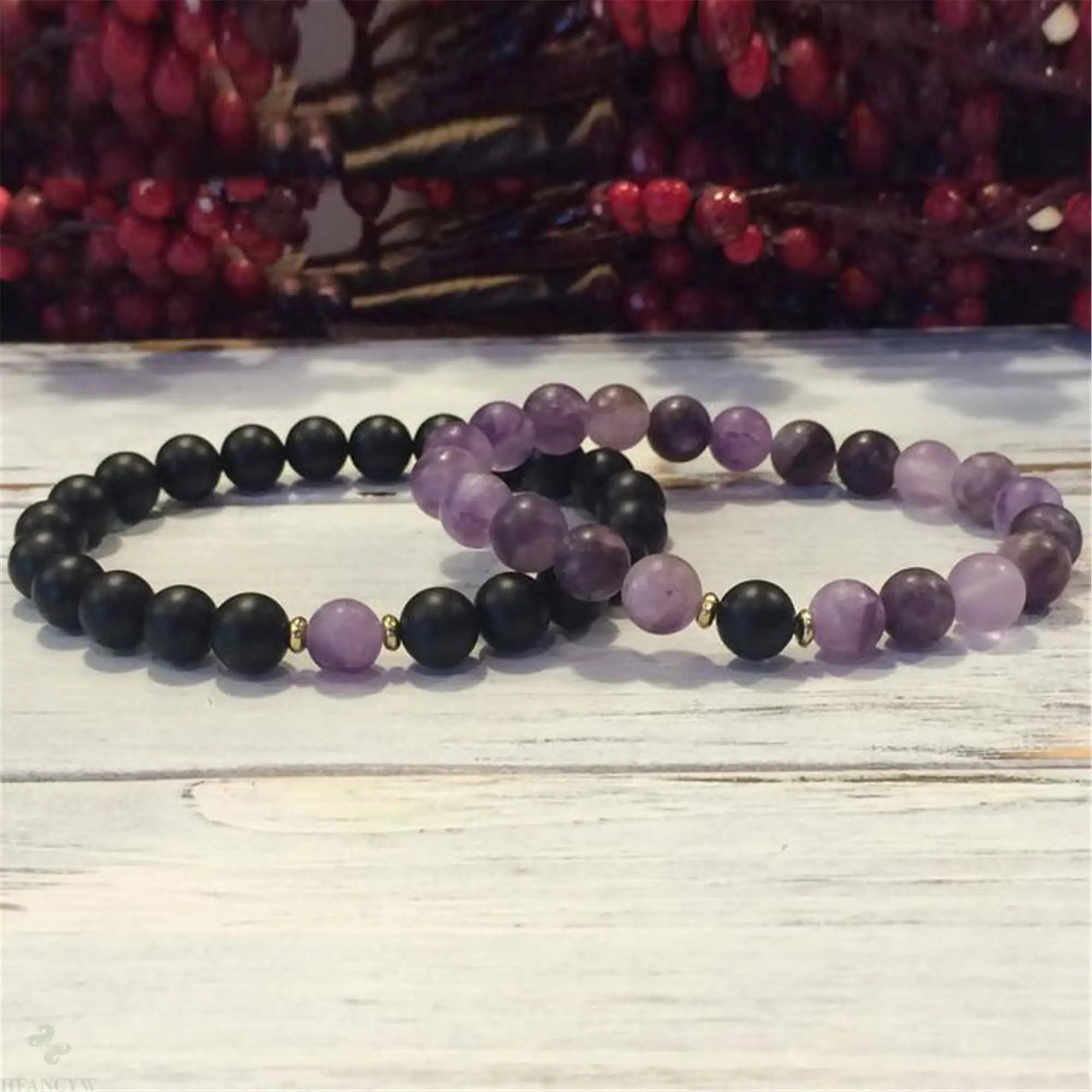 

2pcs 8mm Matte Onyx-Amethyst Handmade Mala Bracelet 7.5inch Chakra Blessing Prayer Religious Yoga