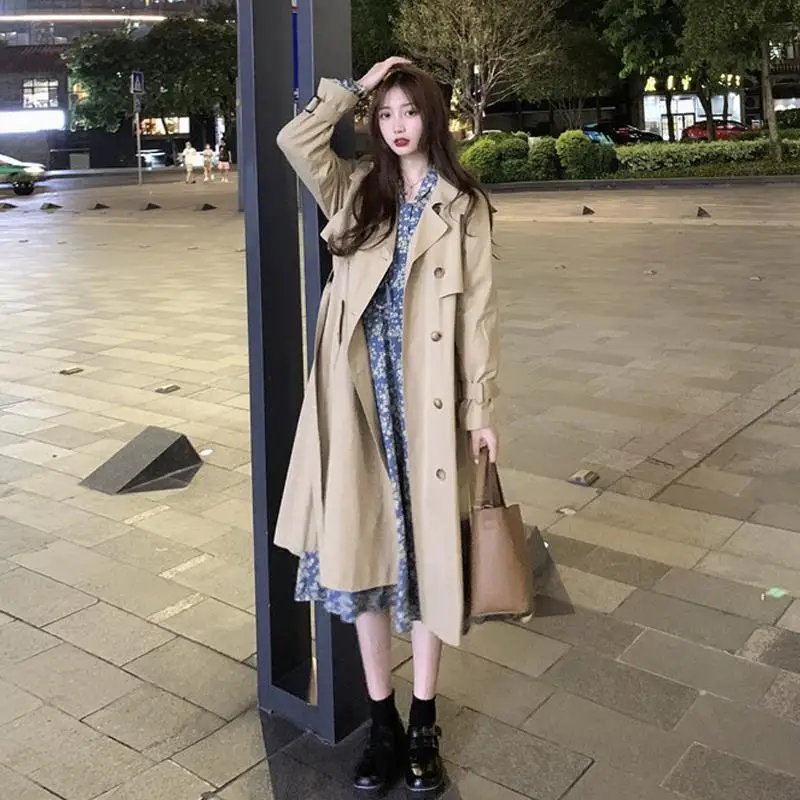

Fashion Khaki Long Trench Coat with Belt Women's Spring Autumn Windbreaker and Floral Print Long Dress Casual Lapel Outwear