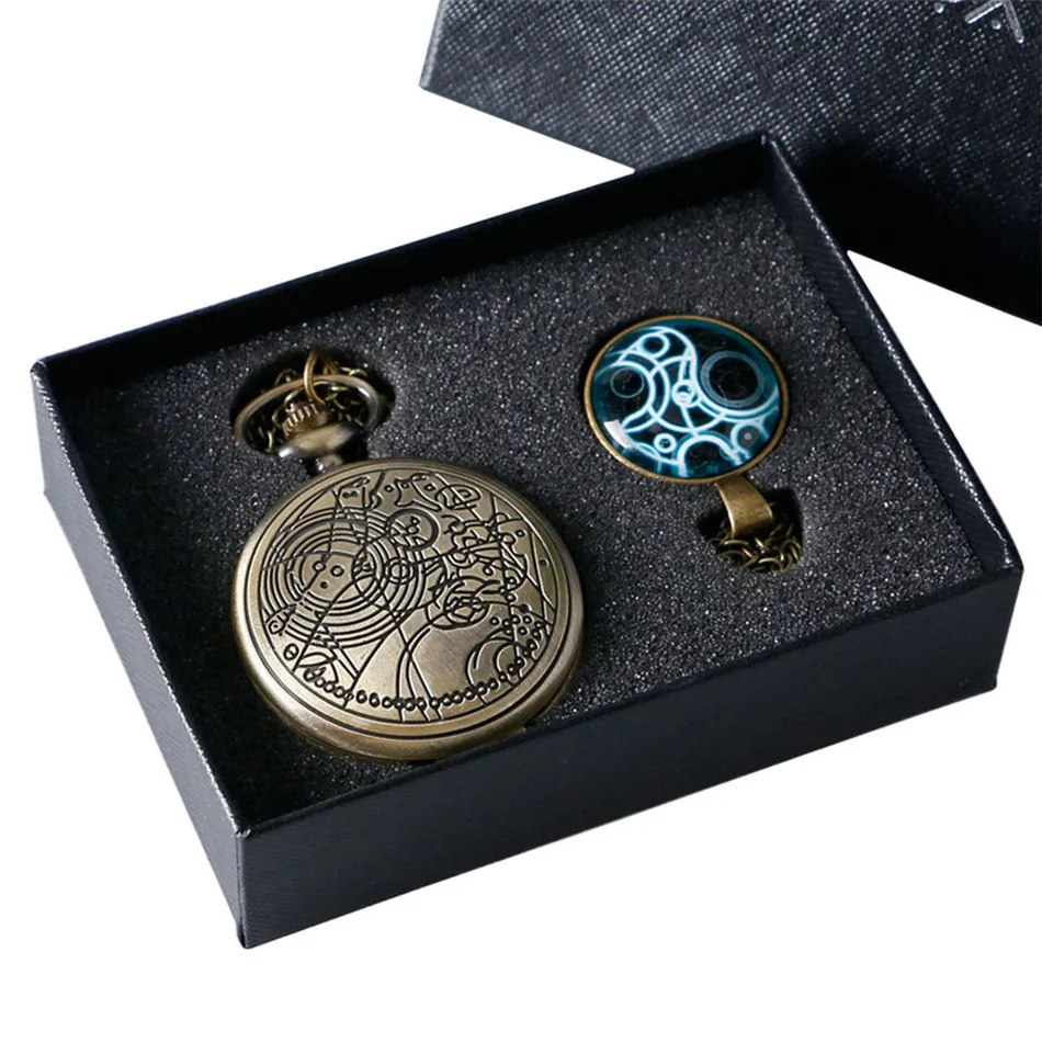 

Bronze Doc. Who Theme Pocket Watch Sets 3pcs/set Necklace Pendant Watch with Pocket Chain Xmas Vintage Watch Box Gifts