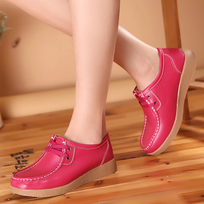

Genuine Leather Women Flat Shoes Comfortable Spring/Autumn Oxfords Ladies Leather Shoes Women Loafers Large Size 35-41