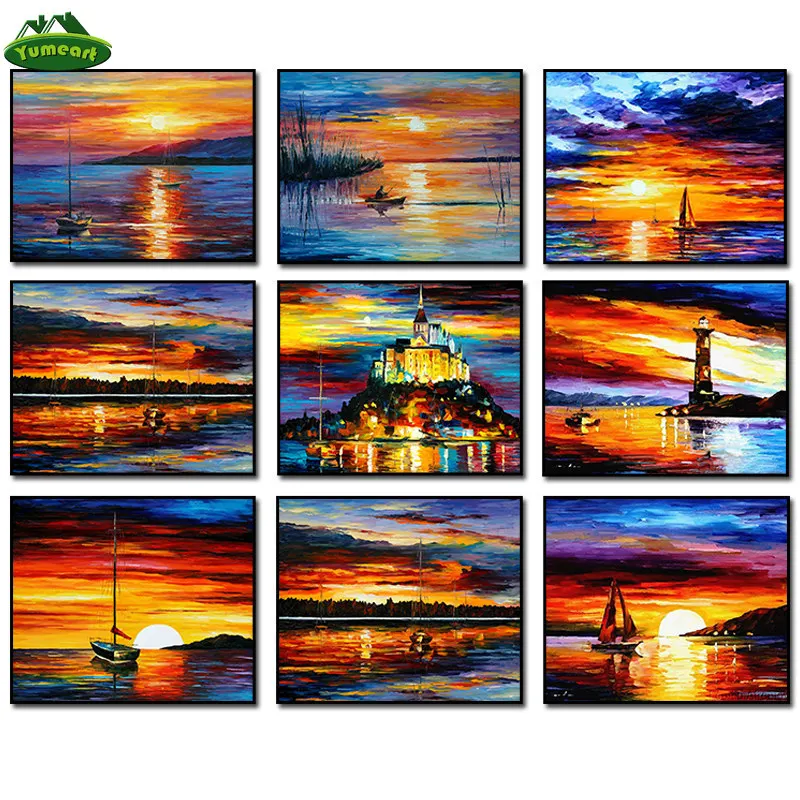 Пейзаж искусственный нож вид на море парусная лодка рассвет пейзаж масляная