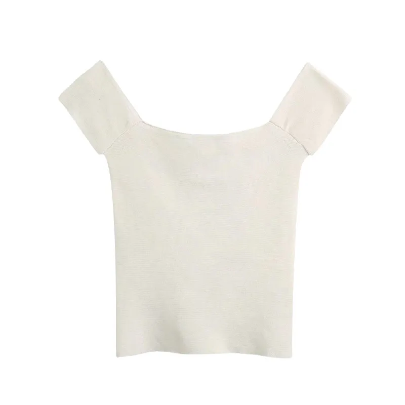 

Women 2020 Fashion Stretch Slim Knitted Cropped Blouses Vintage Square Collar Short Sleeve Female Shirts Chic Tops