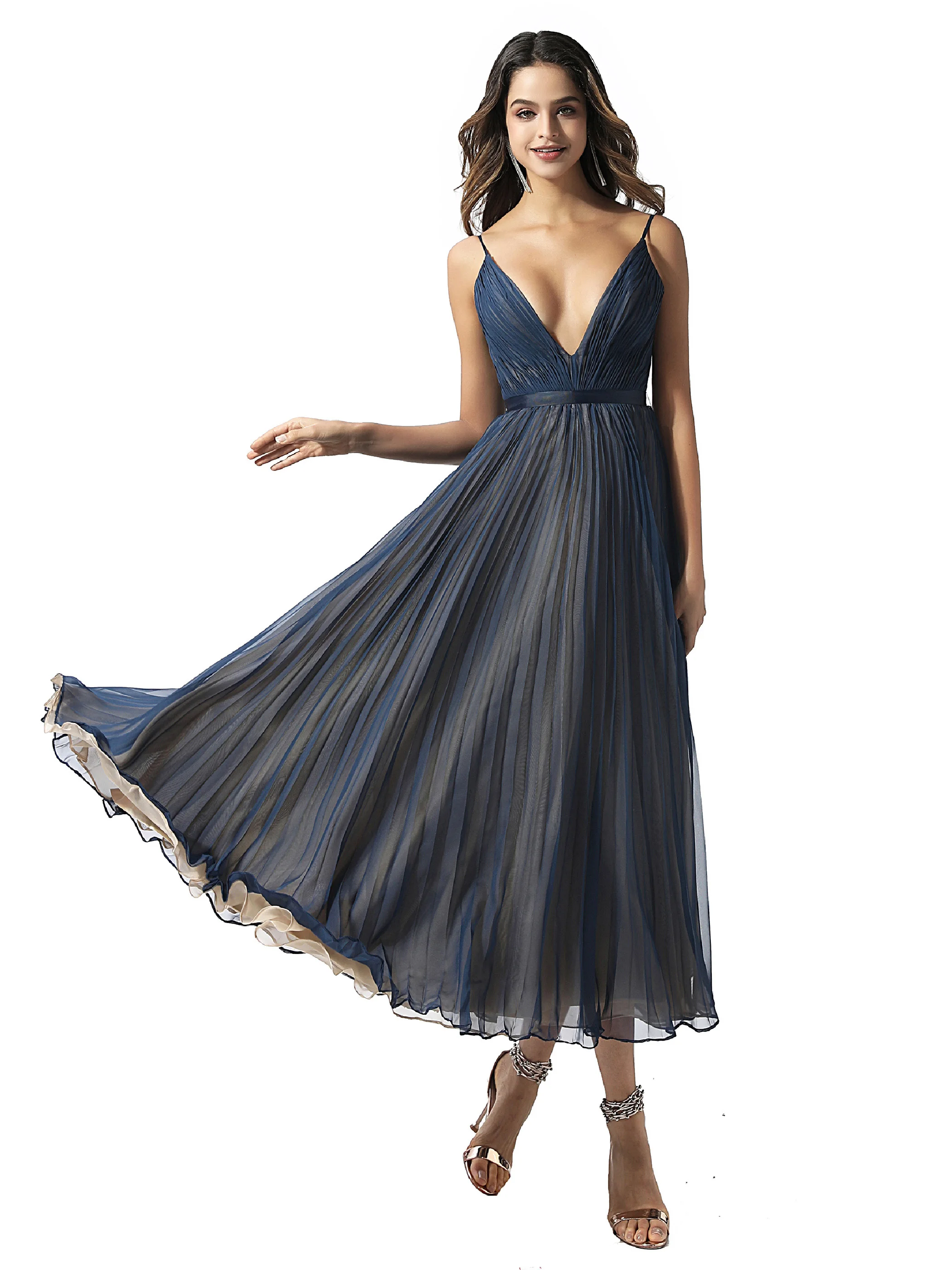 

Темно-синее платье для выпускного вечера с v-образным вырезом трапециевидной формы на тонких бретельках без рукавов чайная Длина Вечерние п...