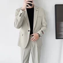 OIMG Men's casual suit temperament sportsman one button suit suit handsome beige two-piece suit (2)