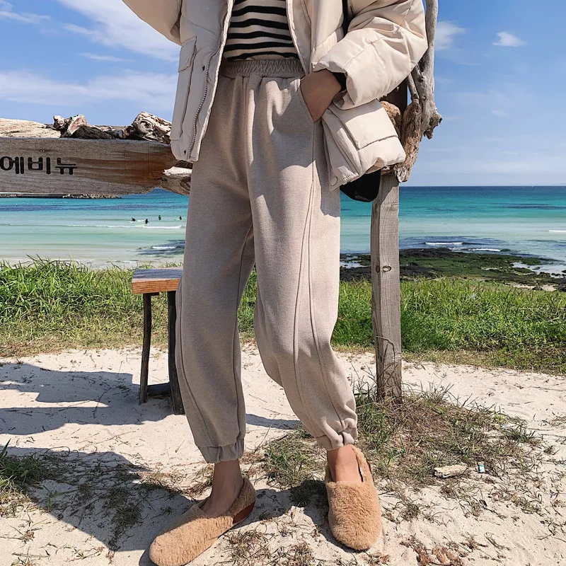 Vintage Winter High Waist Woolen Harem Pants Women Autumn Casual Thicken Warm Elastic Waist Loose Trousers Plus Size Clothes