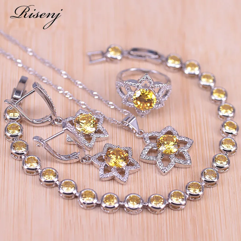 Risenj Sparking Yellow Silver Color Hexagon Shiny Star Jewelry Earrings Ring Necklace Bracelet Set Bridal | Украшения и