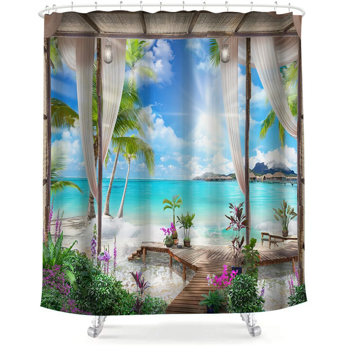 

3D Window Opening Scenery Printing Shower Curtain Waterproof Mildew Washable Seaside View Curtain Bathroom Decoration with Hooks