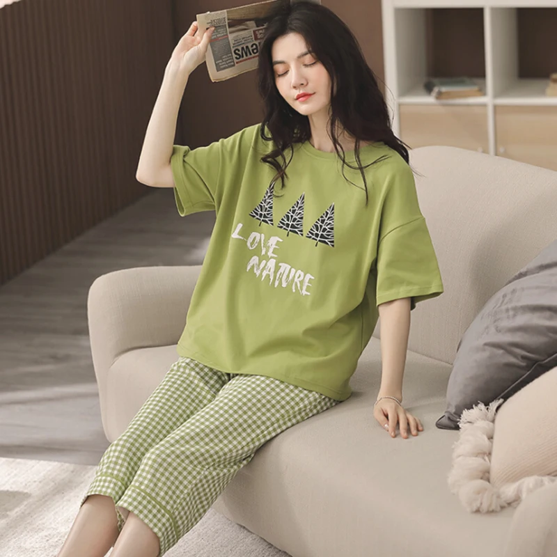 

Spring Summer Leisure Women's Short Sleeve Avocado Green Pine Trousers Pajamas Set Pijamas Korean Homewear Loose Girl 2 Pieces