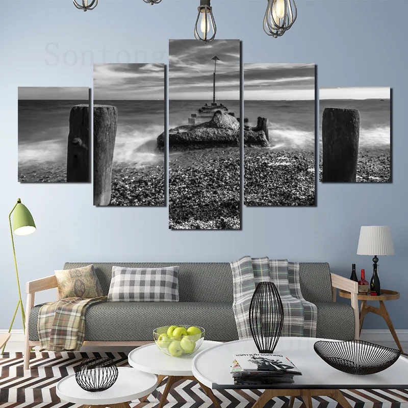 

Canvas painting wooden boat coast gray tone wall stickers art light luxury decorative painting simple style modern living room