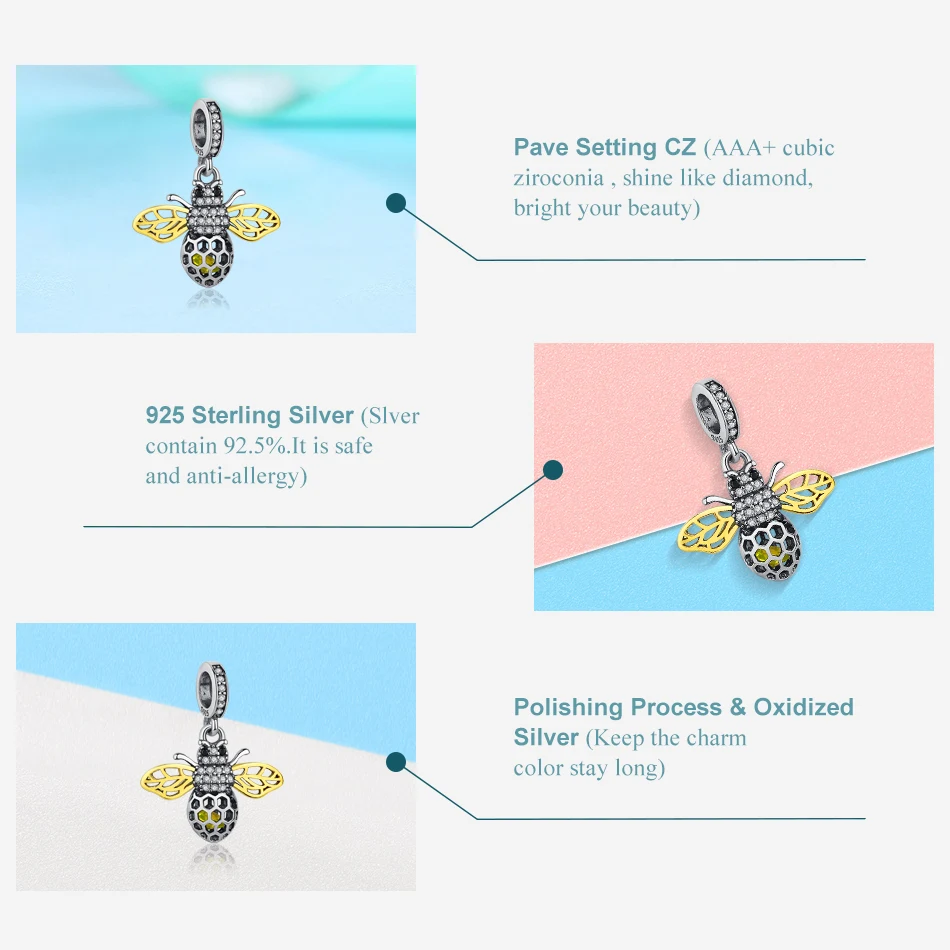 Оптовая продажа 100% 925 Стерлинговое Серебро Золото Цвет с изображением пчелы со