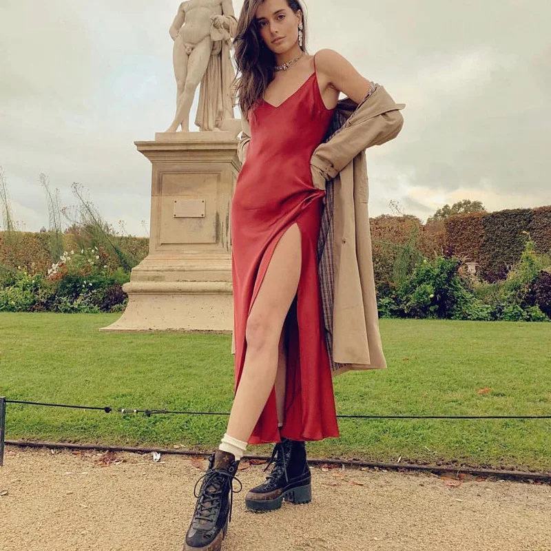 

Spring and summer women's dress 83365 multi color slim off back high fork V-neck Sling Dress