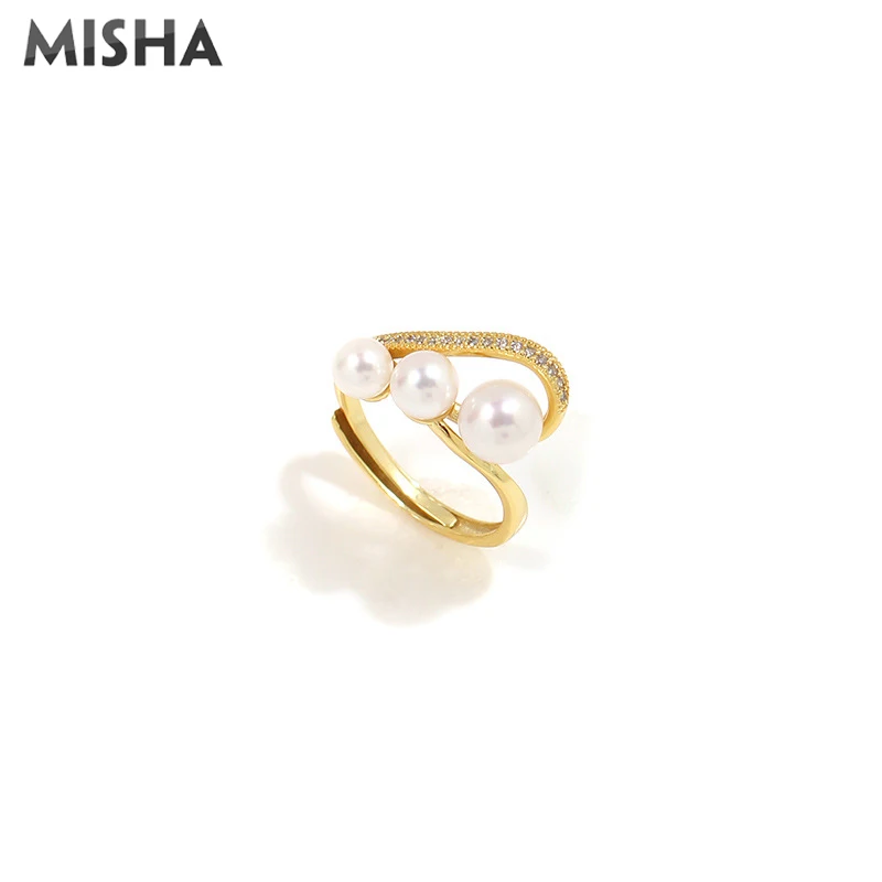 MISHA NEW Women Ring 925 Silver Natural Pearl Flower Design Trendy Open Rings For Anniversary Wedding Gifts