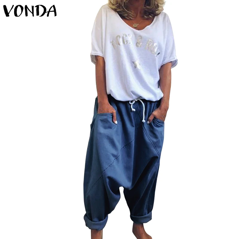 VONDA шаровары повседневные джинсовые однотонные женские брюки больших размеров широкие брюки богемные летние штаны комбинезоны - Цвет: Синий