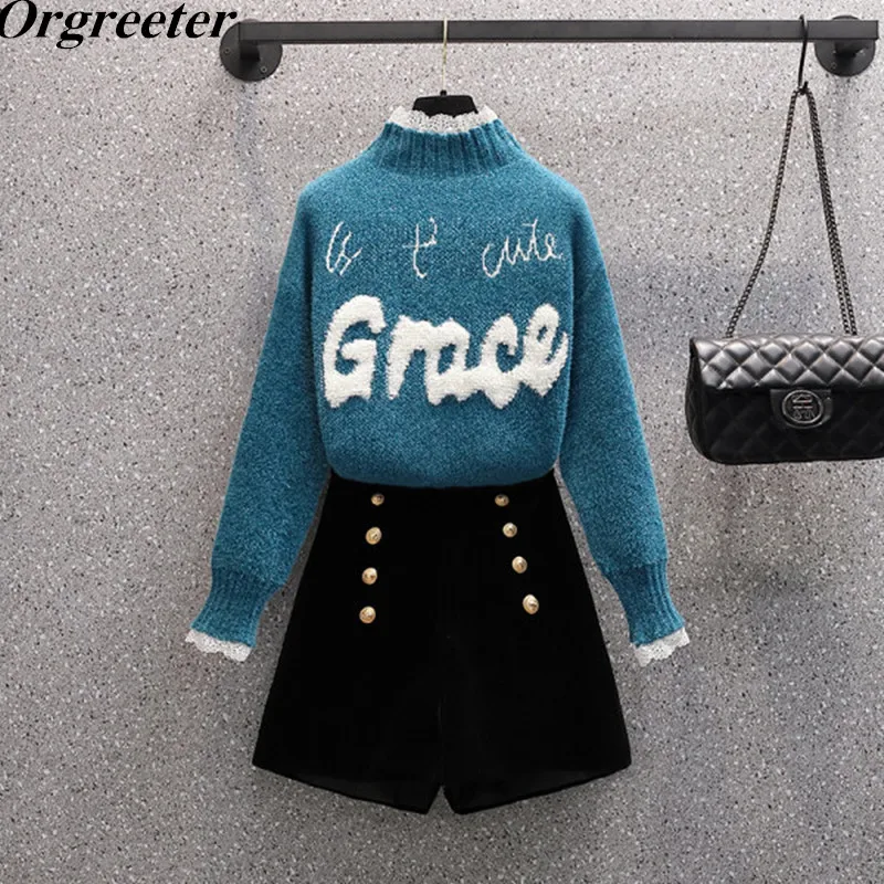 

Christmas Sweater Sets Winter New Lace Patchwork Turtleneck Letter Appliques Knitted Pullover Top + High waist Shorts 2 PCS Set