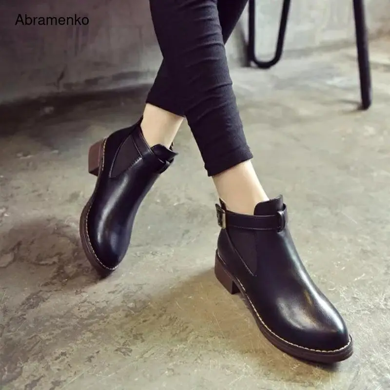

Black Shoes For Women Chunky Leather Women Leather Ankle Boots Autumn Thick High Heel Martin Boots Winter Shoes Boot Size 35-40