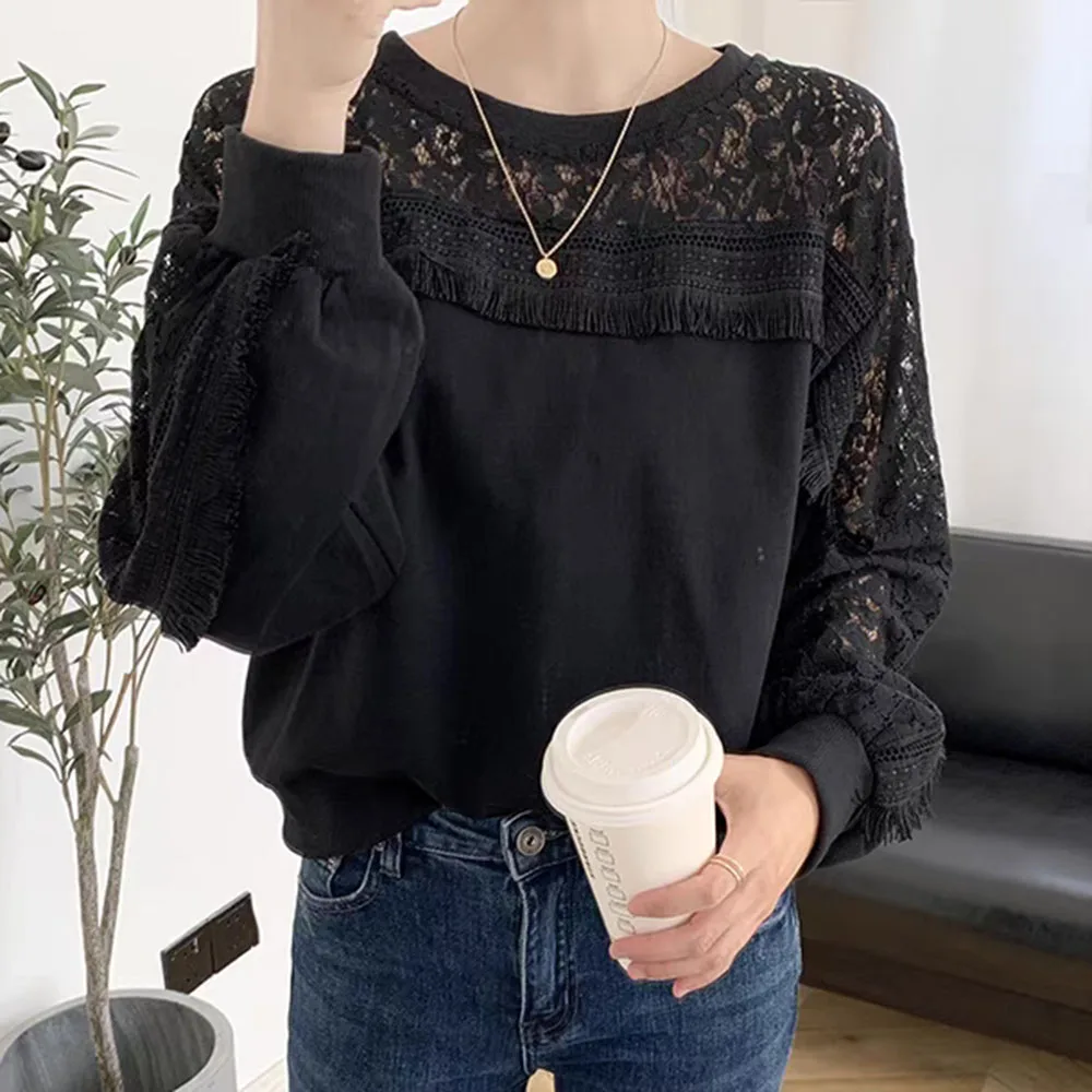 

2021 Autumn New Korean Retro Round Neck Hollow Embroidery Lace Stitching Long Sleeve Loose Pure Color Casual Hoodie