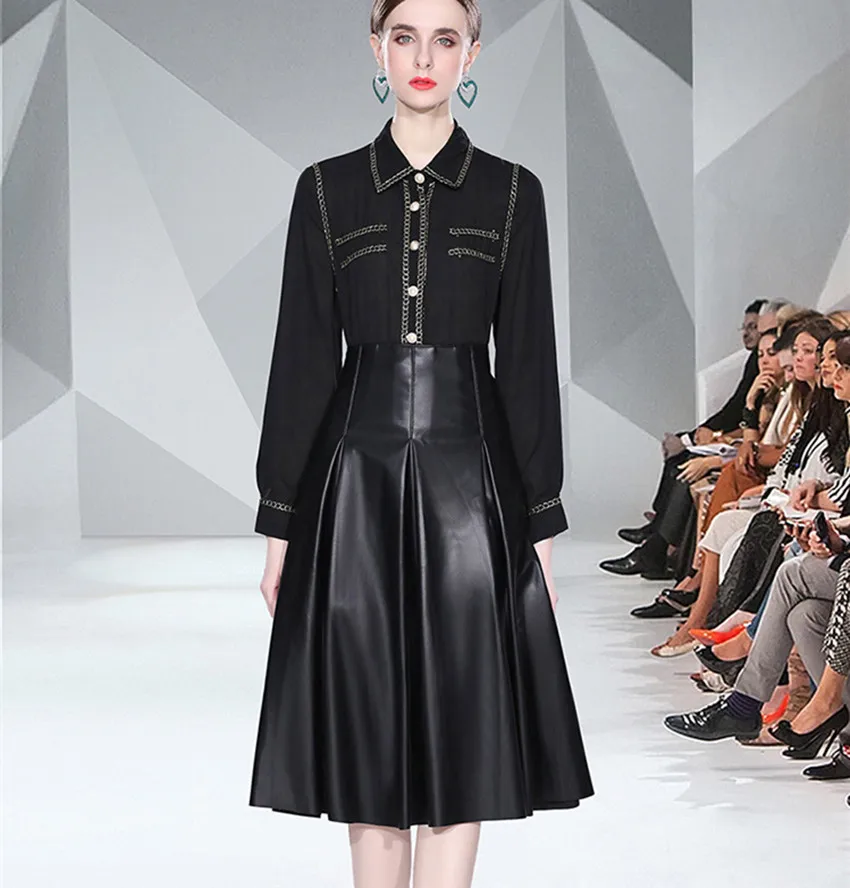 

Женский комплект из двух предметов, шифоновая однобортная рубашка на пуговицах с жемчужинами и юбка из искусственной кожи с высокой талией ...