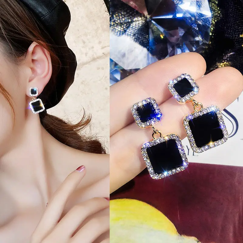 Fashion Female Black Square Stone Earrings Cute Gold Earrings Jewelry Vintage Wedding Stud Earrings For Women