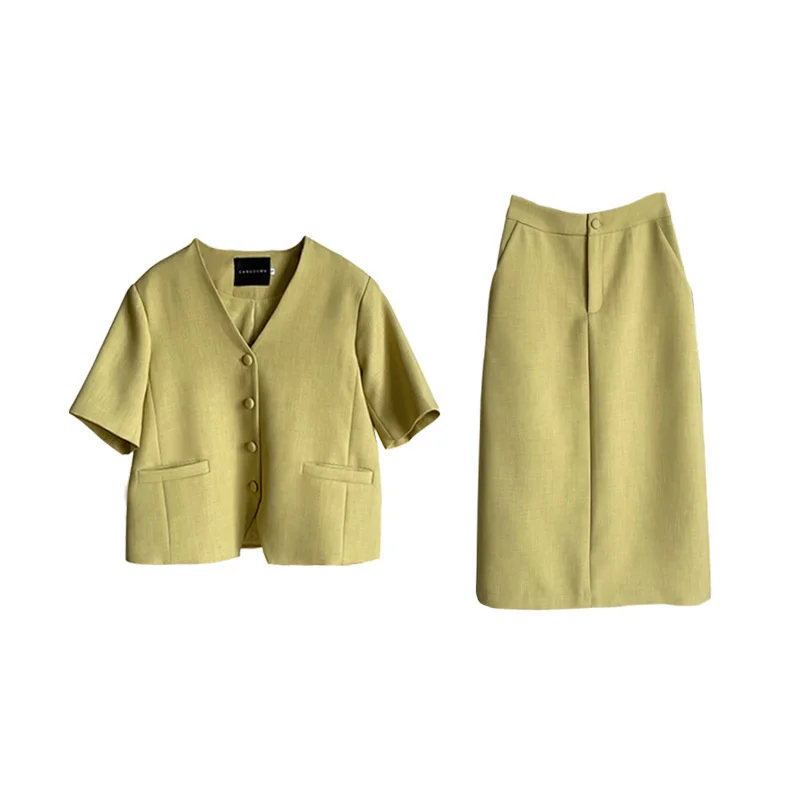 

V-neck Short Sleeve Blazer + Loose Pencil Skirt Korean Suit Women's 21 Summer New Two Piece Set