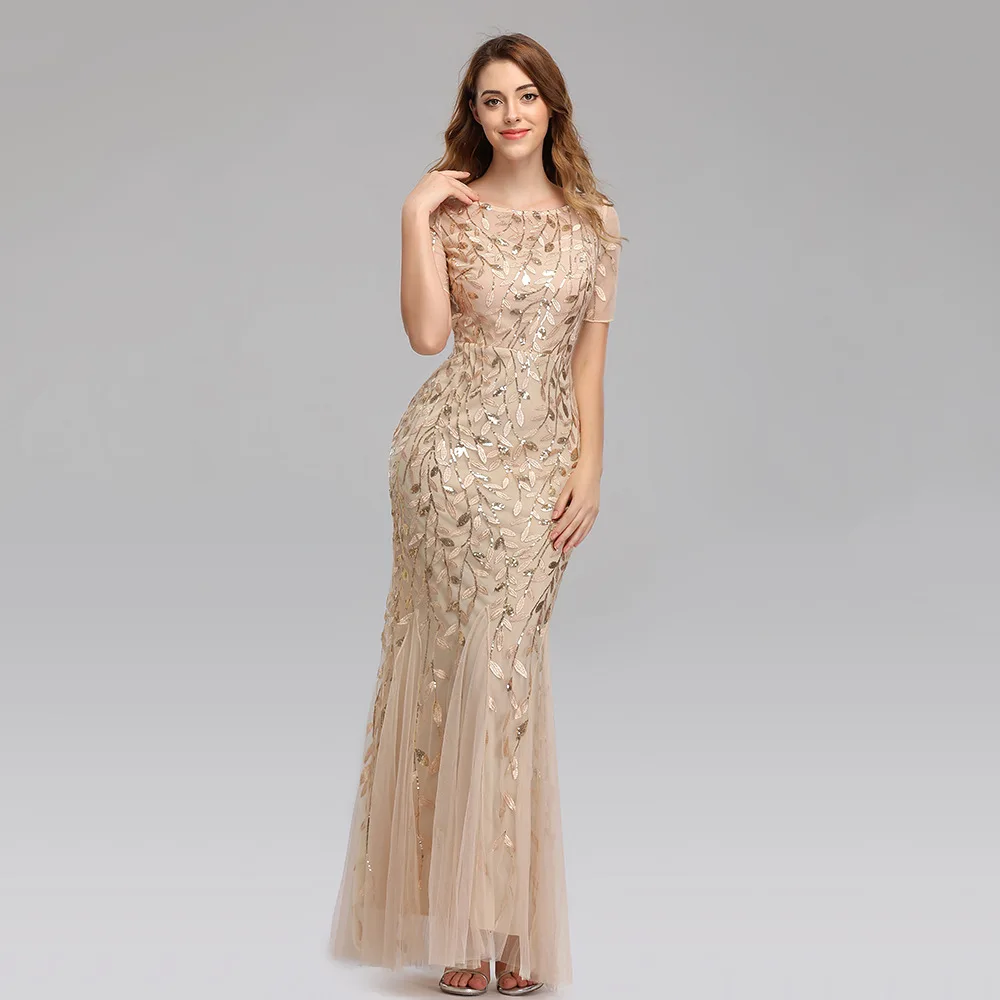 

Dioflyusa Cocktail Party Gown Woman Luxury Gold Embroidery Sequins O Neck Short Sleeve Long Bride Engagement Prom Evening Dress
