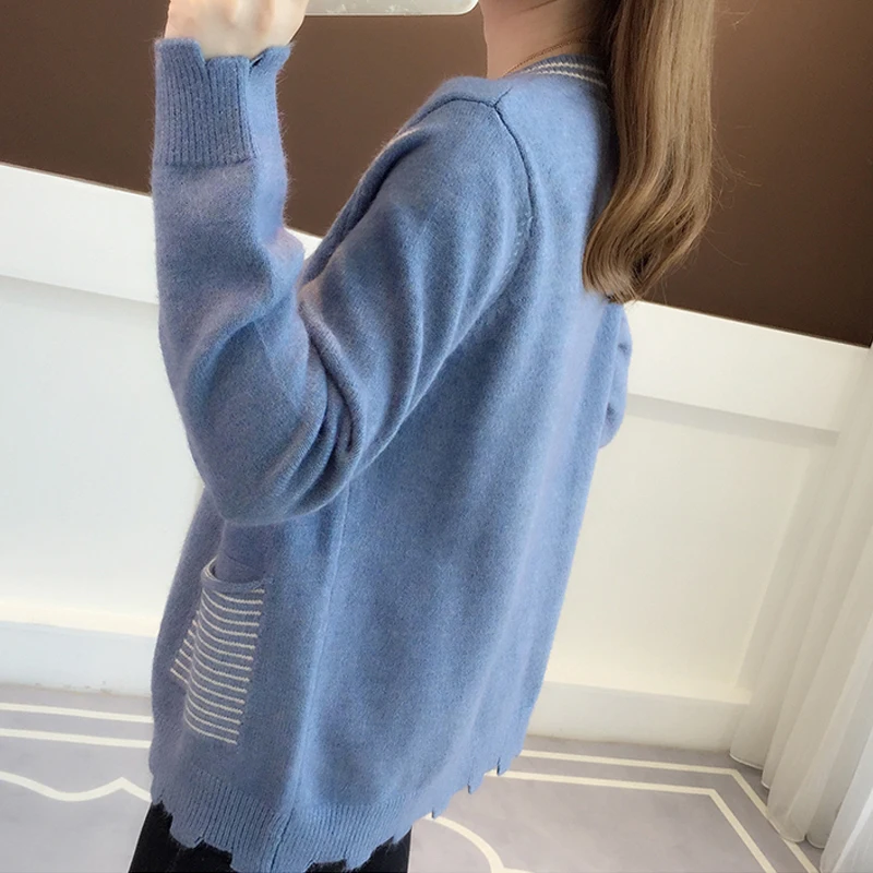 Casual Loose Letter Pocket Jacket Sweater 2019 Fall Women Long Sleeve Knitted Colorful Button Cardigans Sweaters Student Outwear |