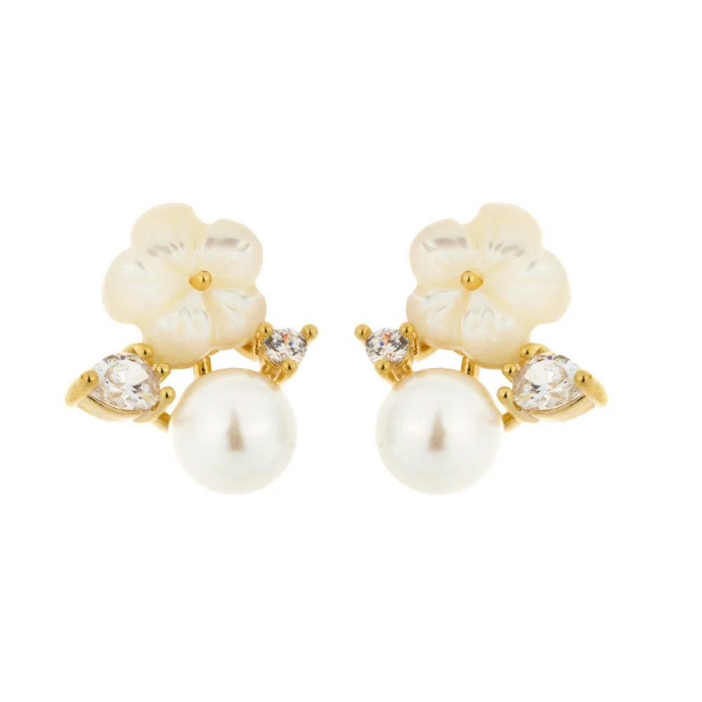 YMYW Natural Shell Flower Stud Earrings Sweet Imitation Pearl Temperament Shiny Cubic Zirconia Jewelry for Women Gift | Украшения и