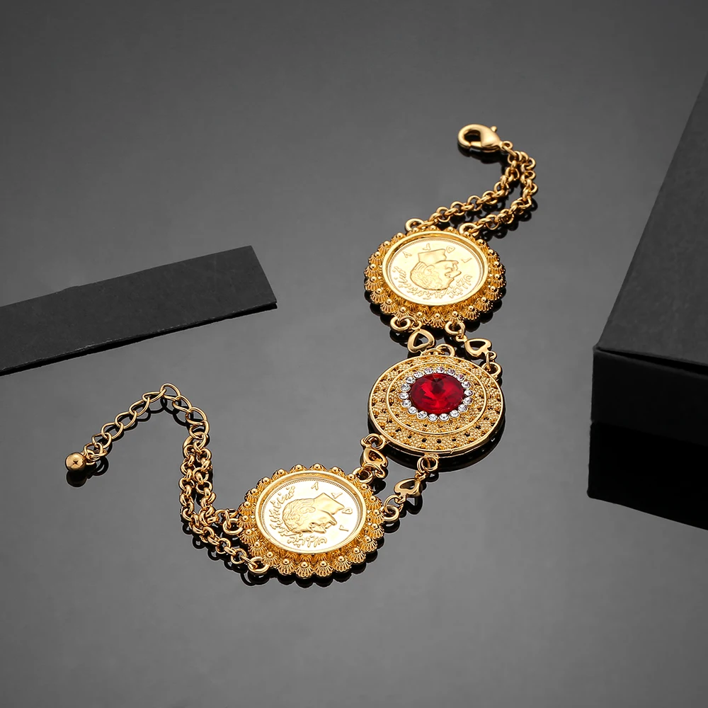 Красный кристалл золотой цвет Деньги Монета браслет Исламские мусульманские