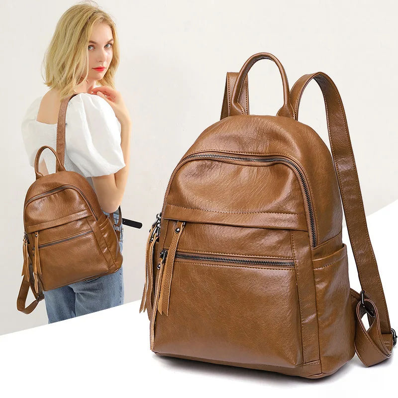 

2022 Fashion Backpack Large Capacity Soft Leather Anti-theft Backpack Student School Bag Solid Color Leisure Travel Bag Female