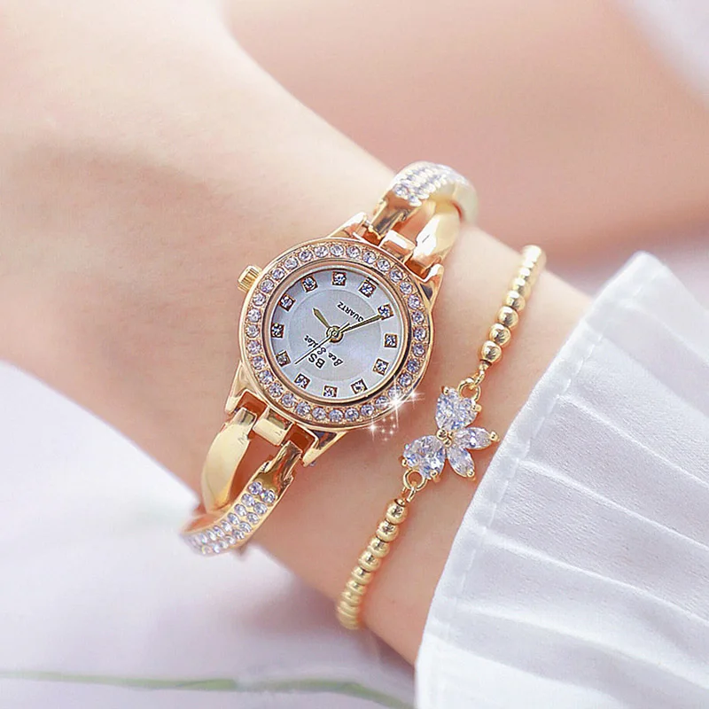 gold with bracelet Роскошные новые женские модные часы, креативные Женские повседневные часы с бриллиантами, браслет из нержавеющей стали, Стильные кварцевые часы для женщин - Цвет: gold with bracelet