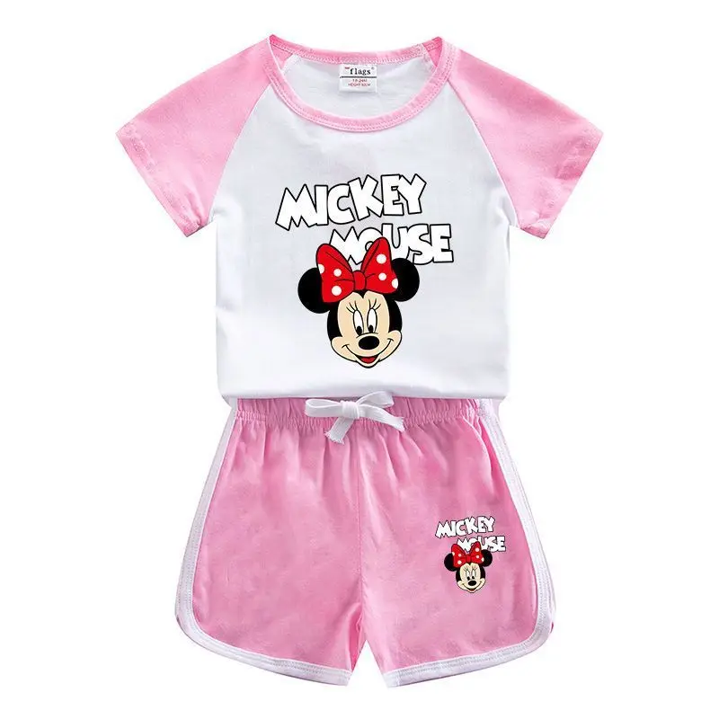 

Disney Toddler Baby Boy Girl Sets Kids Clothes Cartoon Casual Minnie Mouse Print Summer Clothing Stitching Color T-shirt Shorts