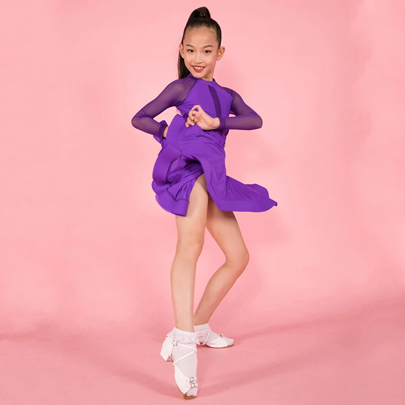 Детское платье для латиноамериканских танцев фиолетовое танцевальный костюм